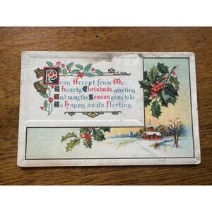 Vintage Embossed Christmas Postcard Holly Church Scene Series 1001 Unposted
